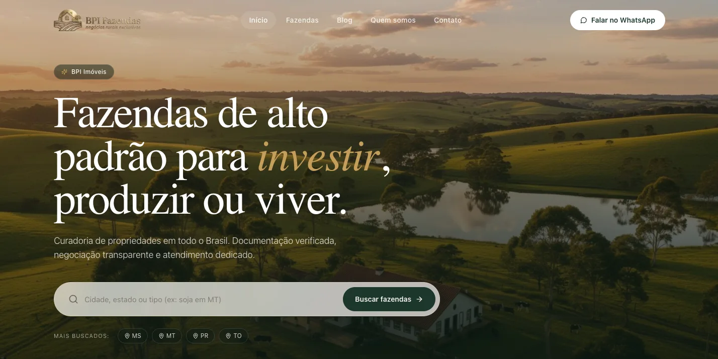 Home page of the BPI Fazendas website