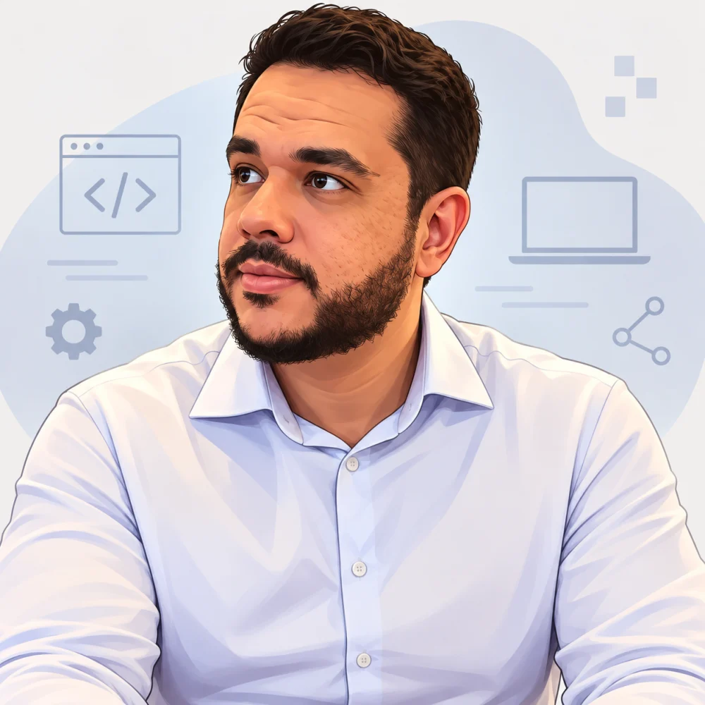 Stylized illustration of José Paiva in a light shirt, looking to the side, with code, gear, and laptop icons in the background