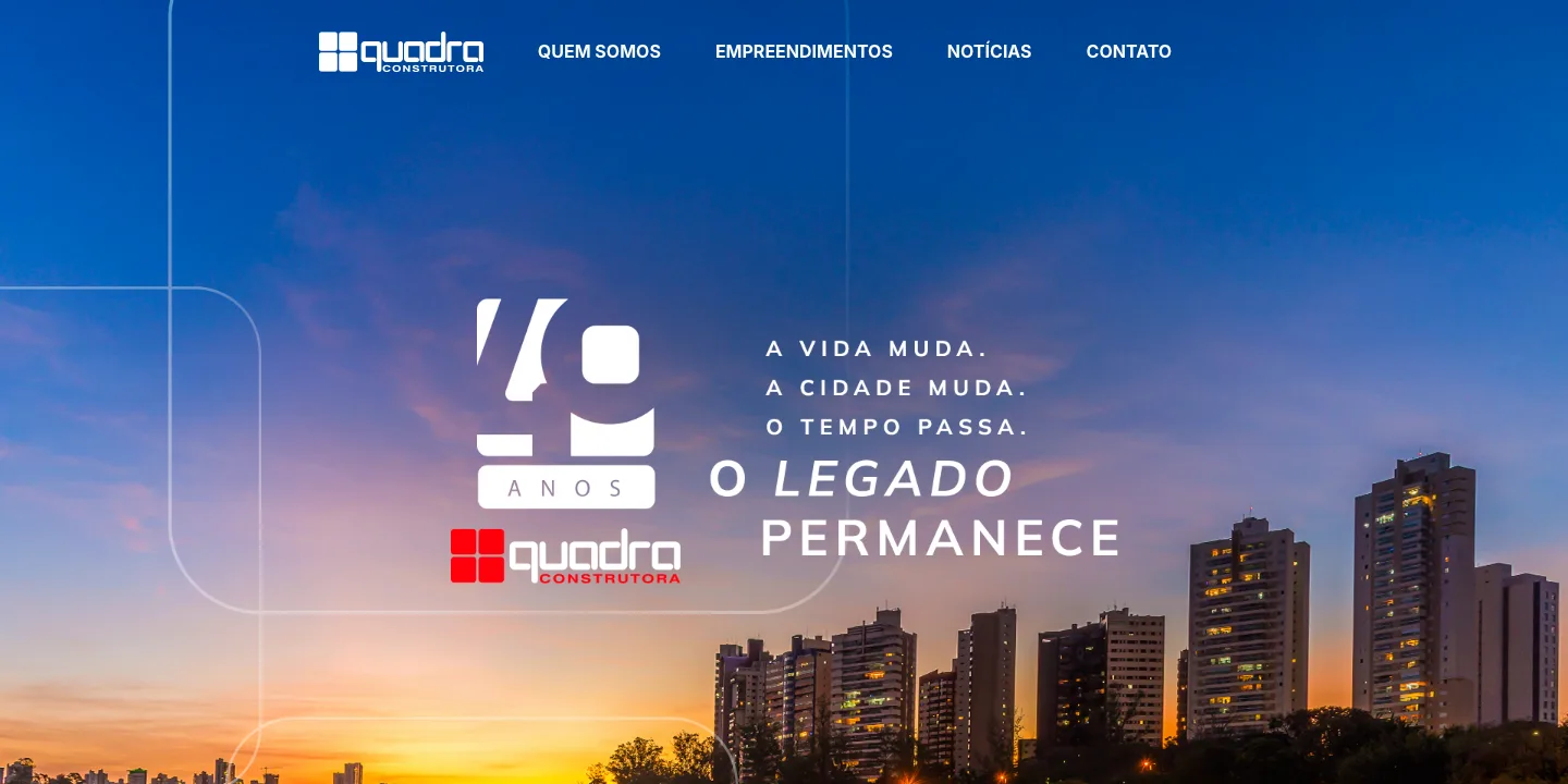 Home page of the Quadra Construtora website